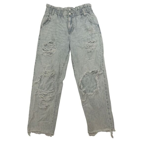 SO Women's Distressed Blue Denim High Rise Mom Jean Size 7/28W Paper Bag Waist - Picture 1 of 11